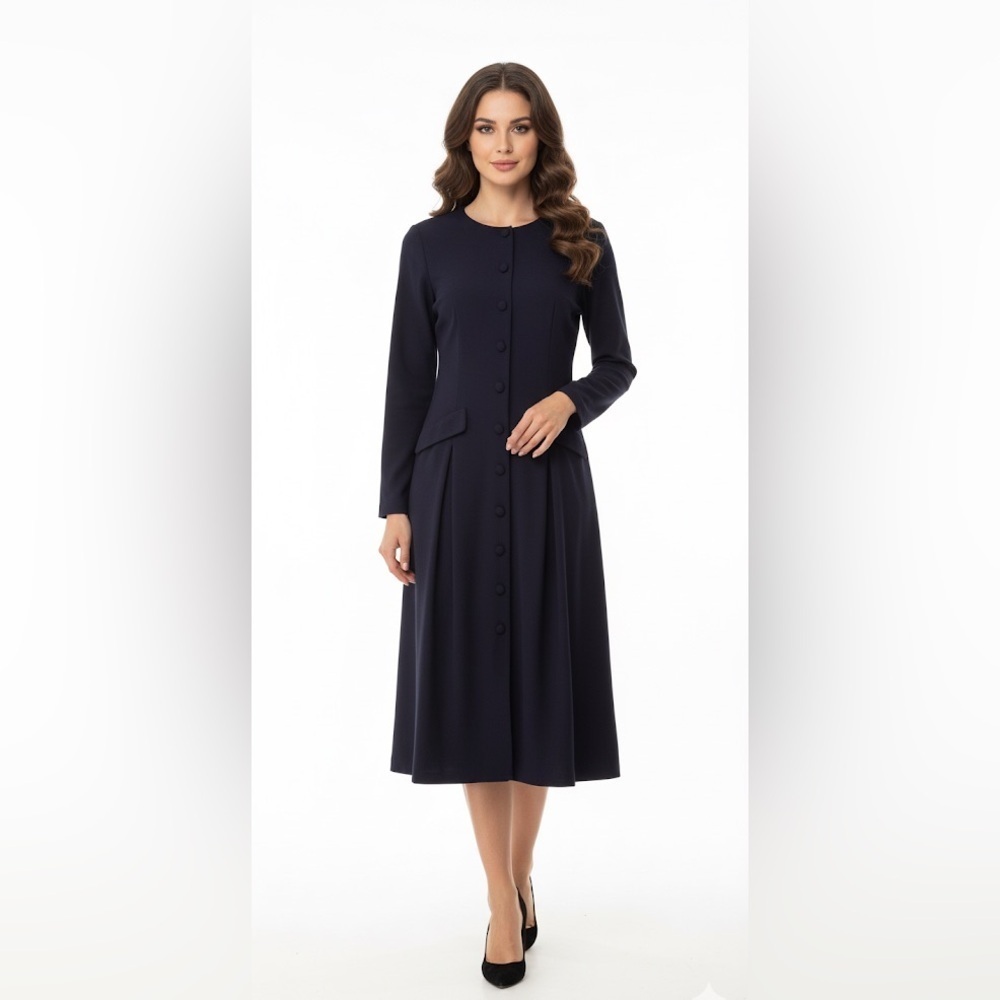 Vintage Talbots Navy Blue Wool Long Sleeve Button Down Maxi Dress Size 8